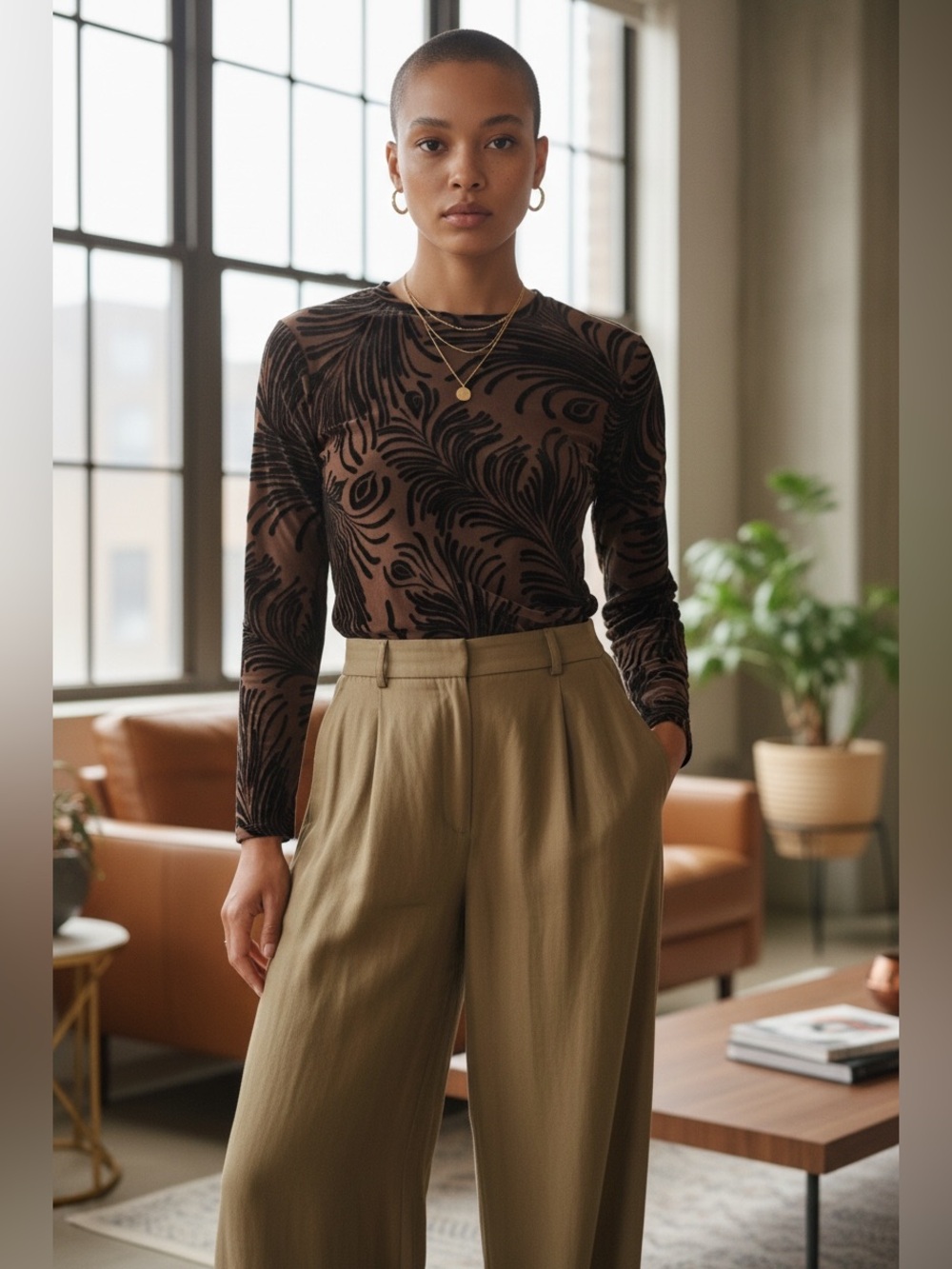 Vintage CACHE Burnout Velvet Mesh Long Sleeve Top Black and Brown Print M